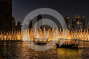 The Dubai Fountain in The Dubai Mall, world`s largest choreographed fountain system set on the 30-acre at Burj Khalifa Lake