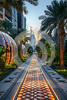 The Dubai Fountain is popular tourist attraction and landmark in Dubai UAE