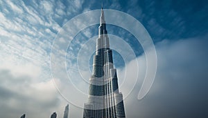 Dubai futuristic skyline illuminated by the Burj Khalifa at dusk generated by AI