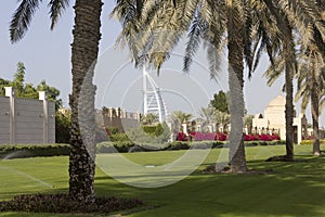 Dubai green promenade with Burj al Arab in the background