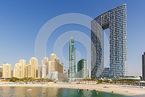 Dubai Jumeirah Beach JBR Marina skyline architecture buildings travel vacation in United Arab Emirates