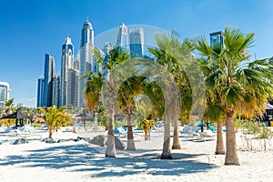 Dubai jumeirah beach with marina skyscrapers in UAE