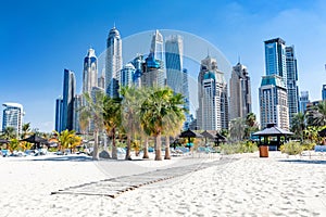 Dubai jumeirah beach with marina skyscrapers in UAE