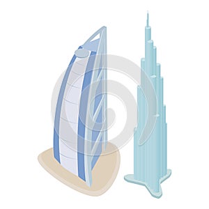 Dubai landmark icon isometric vector. Burj khalifa building burj al arab hotel