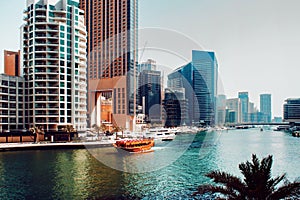 Dubai Marina area of large modern city.