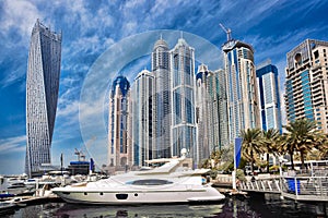 Dubai Marina with boats in Dubai, United Arab Emirates, Middle East