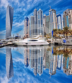 Dubai Marina with boats in Dubai, United Arab Emirates, Middle East