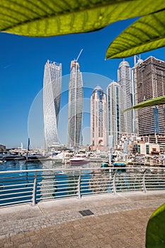 Dubai Marina with boats in the harbor, United Arab Emirates