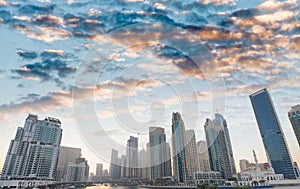 Dubai Marina buildings at dusk