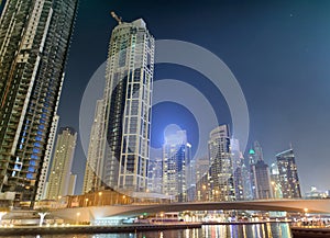 Dubai Marina buildings at night, UAE