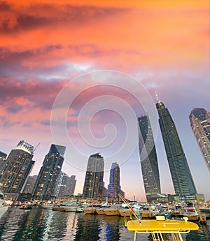 Dubai Marina buildings at night, UAE