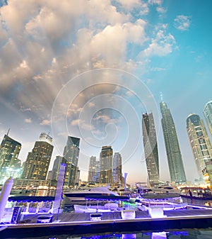 Dubai Marina buildings at night, UAE