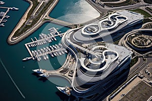 Dubai Marina is a district in Dubai, United Arab Emirates, Aerial photo of Yas Island Marina Abu Dhabi, AI Generated