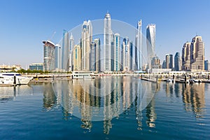 Dubai Marina and Harbour skyline architecture travel in United Arab Emirates water reflection