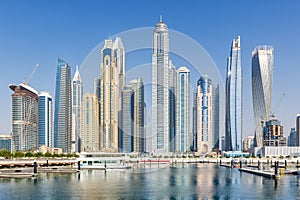 Dubai Marina and Harbour skyline architecture travel in United Arab Emirates water reflection