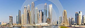 Dubai Marina and Harbour skyline architecture wealth luxury travel in United Arab Emirates panorama