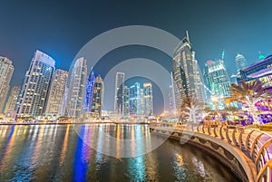 Dubai Marina night skyline along artificial canal, UAE