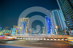 Dubai Marina night skyline from the bridge, United Arab Emirates