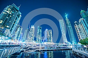 Dubai Marina night skyline. Buildings and river, United Arab Emirates