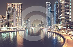 Dubai Marina at night, United Arab Emirates.