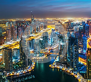 Dubai Marina by night, United Arab Emirates.