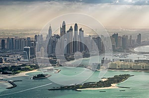Dubai Marina and Palm Island, aerial view from helicopter
