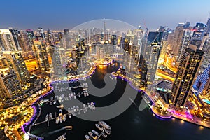 Dubai Marina skyline architecture buildings travel overview at night twilight from above in United Arab Emirates