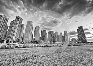 Dubai Marina skyline from the beach at sunset