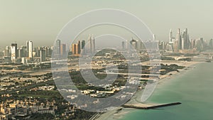 Dubai Marina Skyline at morning from helipad. United Arab Emirates timelapse