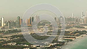 Dubai Marina Skyline at morning from helipad. United Arab Emirates timelapse