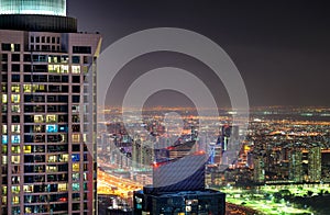 Dubai marina skyline during night. Dubai marina, United Arab Emirates.