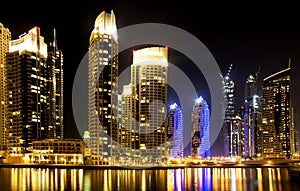 Dubai Marina skyline and skyscraper by night