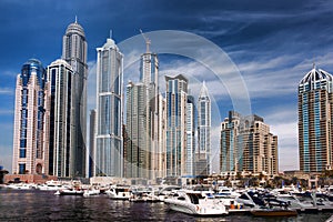 Dubai Marina with skyscrapers in the evening, Dubai, United Arab Emirates