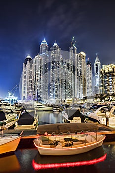 Dubai Marina with skyscrapers in the evening, Dubai, United Arab Emirates