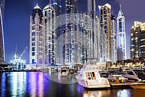 Dubai Marina with skyscrapers in the evening, Dubai, United Arab Emirates
