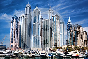 Dubai Marina with skyscrapers in the evening, Dubai, United Arab Emirates