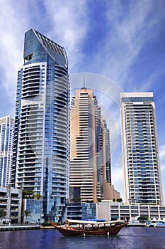 Dubai Marina with skyscrapers in the evening, Dubai, United Arab Emirates