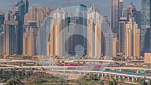 Dubai Marina skyscrapers and golf course morning timelapse, Dubai, United Arab Emirates
