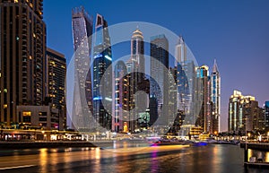 Dubai Marina skyscrapers in the night illumination