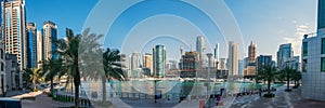 Dubai Marina skyscrapers panorama with boats in water canal, Dubai, United Arab Emirates