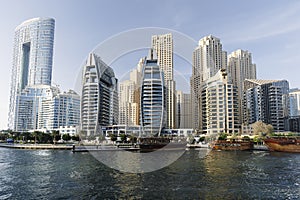 Dubai Marina skyscrapers, port with luxury yachts and Marina promenade, Dubai, United Arab Emirates