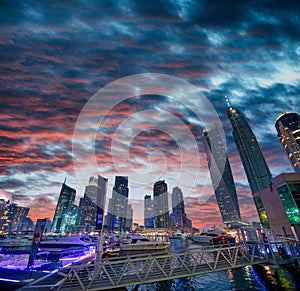 Dubai Marina sunset aerial skyline