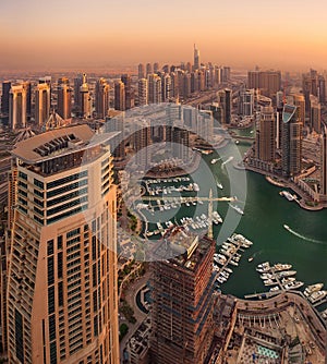 Dubai Marina Sunset top view