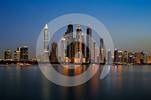 Dubai Marina, UAE at dusk as seen from Palm Jumeirah