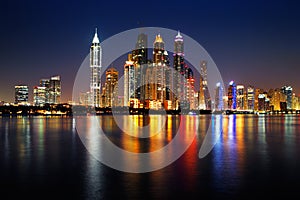 Dubai Marina, UAE at dusk as seen from Palm Jumeirah