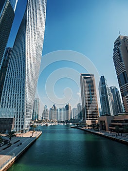 Dubai Marina, water canal, skyscrapers and high buildings, Dubai, United Arab Emirates