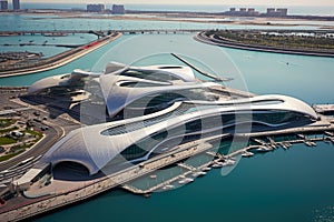 Dubai Metro as world\'s longest fully automated metro network, Dubai, UAE. Aerial photo of Yas Island Marina Abu Dhabi, AI