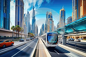 Dubai Metro as world\'s longest fully automated metro network, Dubai, UAE, Metro railway among among skyscrapers in