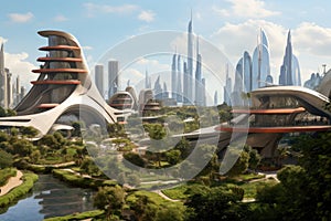 Dubai Metro as world\'s longest fully automated metro network UAE, Panoramic view of Museum of Future and Emirates