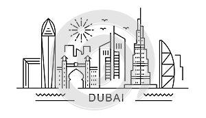 Dubai minimal style City Outline Skyline with Typographic. Vector cityscape with famous landmarks. Illustration for
